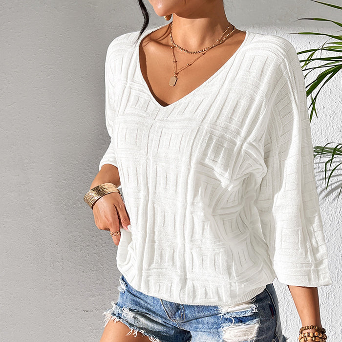 Solid Color Pullover V neck Knitwear Simple Loose Knitted T shirt Three Quarter Sleeve Thin Casual Top