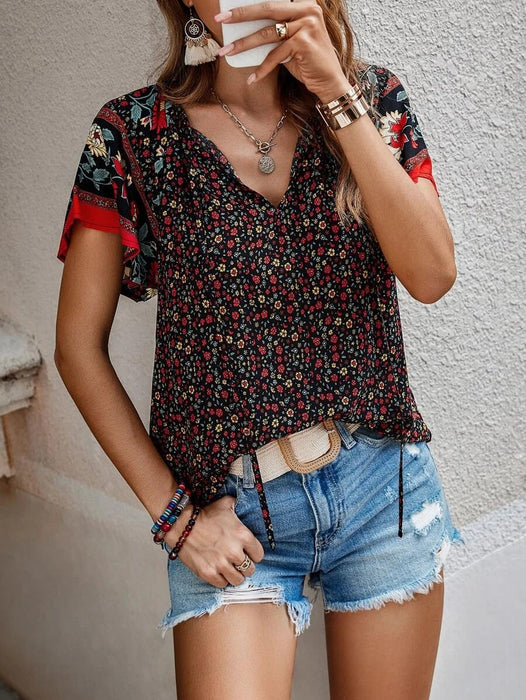 Women Clothing Summer Casual National Printed V Neck Short Sleeve Loose Shirt