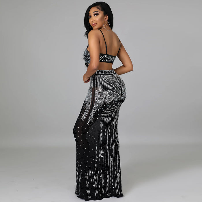 Sexy Women Wear Nightclub Party Mesh See through Camisole Maxi Dress Two Piece Set