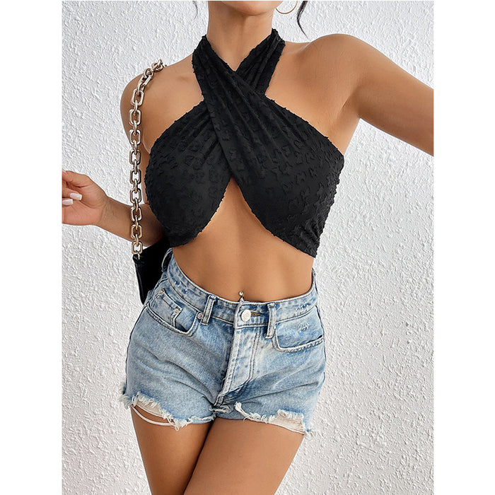 Summer Solid Color Black Knitted Tight Sleeveless Halter Top