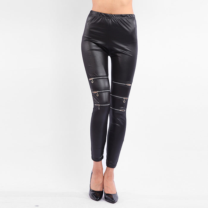 Elastic Waist Cropped Pants All Match Black Skinny Slim Looking Ripped Zipper Sexy Women Clothing Pants