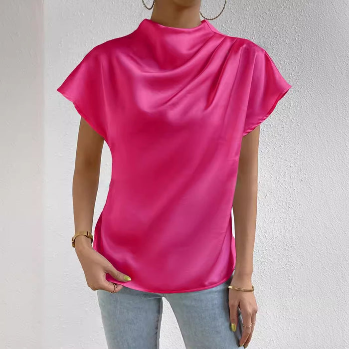 Summer Shirt Pullover Irregular Asymmetric Half Turtleneck Solid Color Silk like Office Sleeve Top