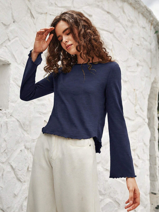 Early Autumn Top Round Neck Stringy Selvedge Flare-Sleeve Long Sleeve Knitted Bottoming Shirt