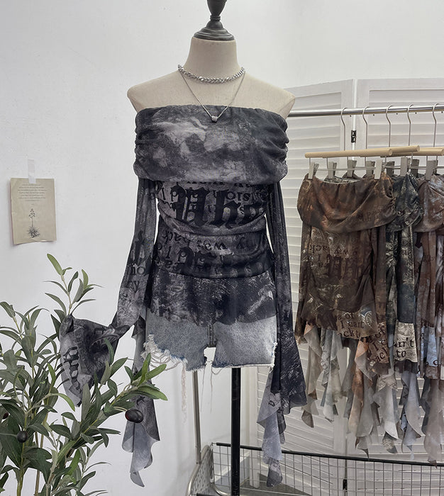 Off Shoulder Ribbon Tie Dyed Printed Mesh Small Shirt Top Sexy Design Pleated Long Sleeve T Shirt