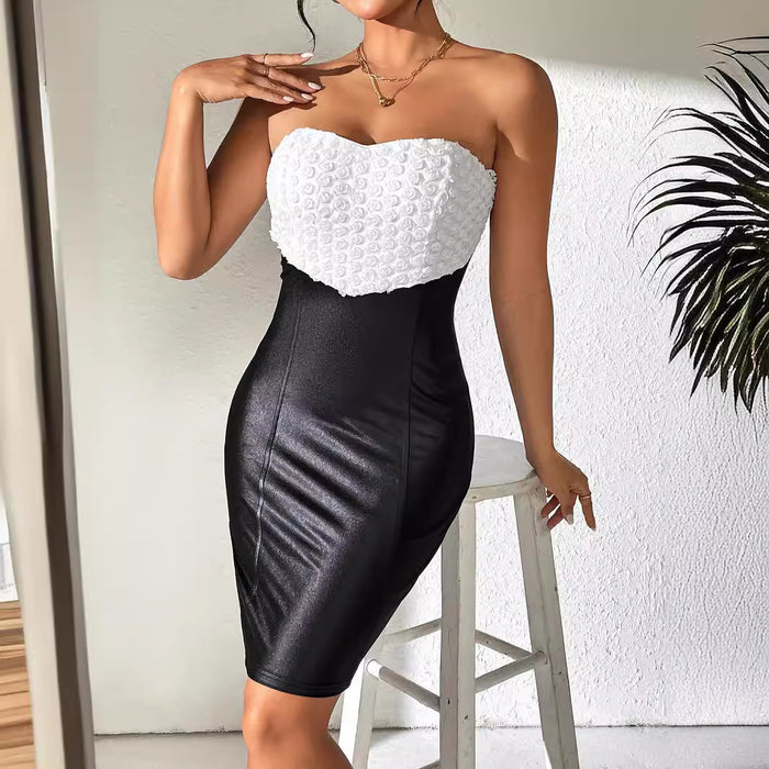 Women Sexy off the Shoulder Tube Top Tight Zipper Faux Leather Sheath Dress