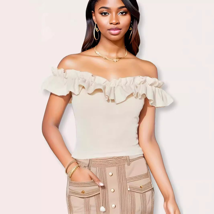 Elegant Women Clothing Solid Color Sexy Off The Shoulder Ruffled Decorative Top