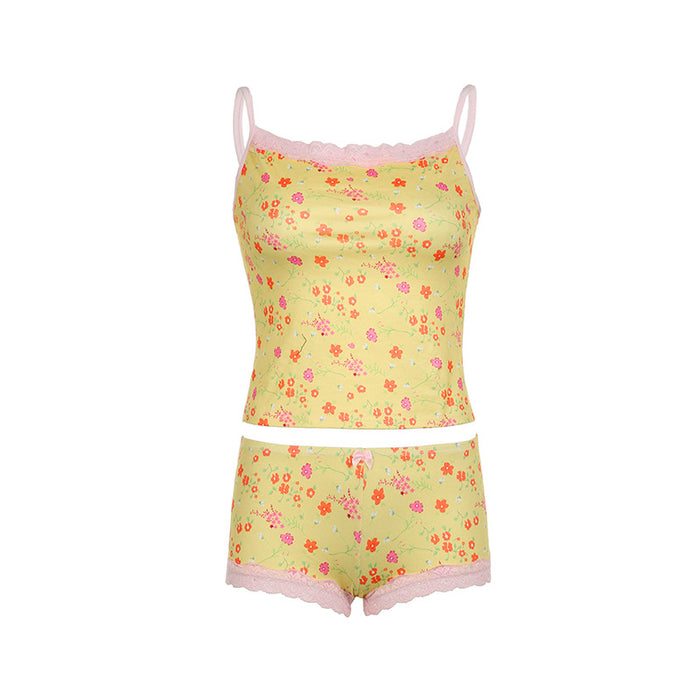 Summer Fresh Light Yellow Floral Lace Splicing Sling Seaside All Match Lightweight Shorts Beach Two Piece Set