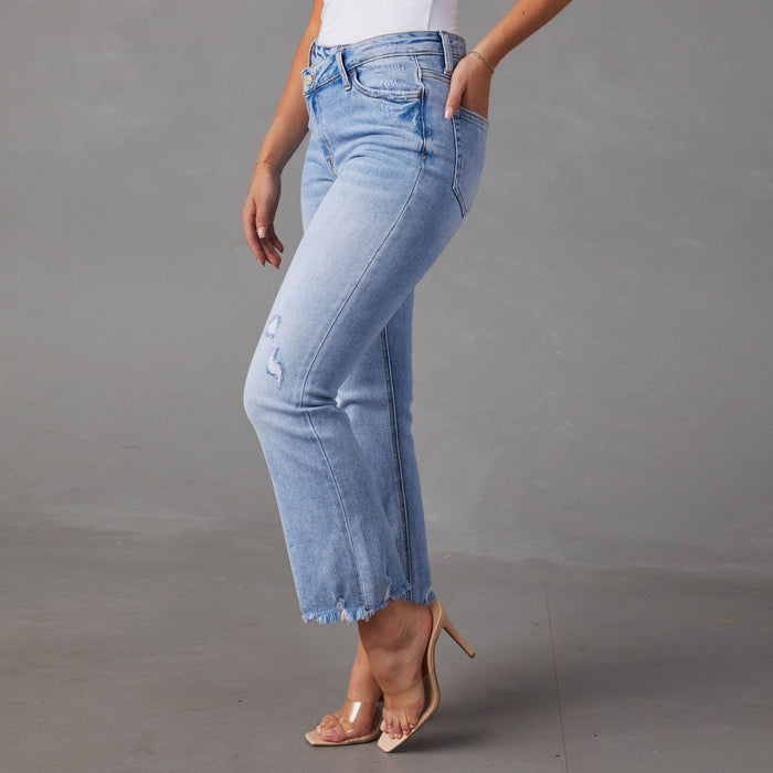 Straight Jeans Women Elegant Office Ripped Washed Trousers