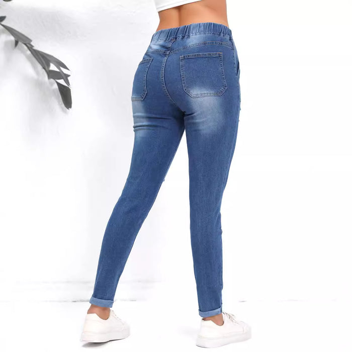 Slim Fit Trendy High Waist Hole Denim Skinny Pants