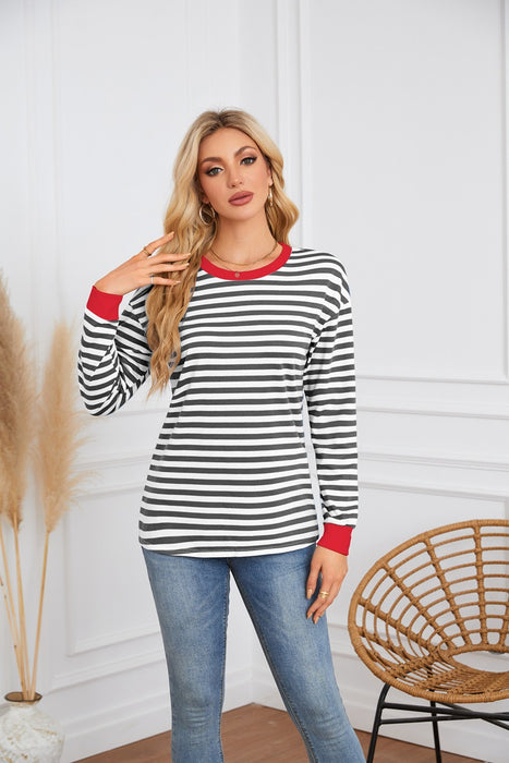 Women Clothing Striped Pattern round Neck Long Sleeve Casual Sweatshirt Top for Women