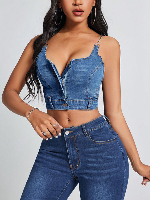 Women Clothing Deep V Plunge neck Backless Denim Camisole