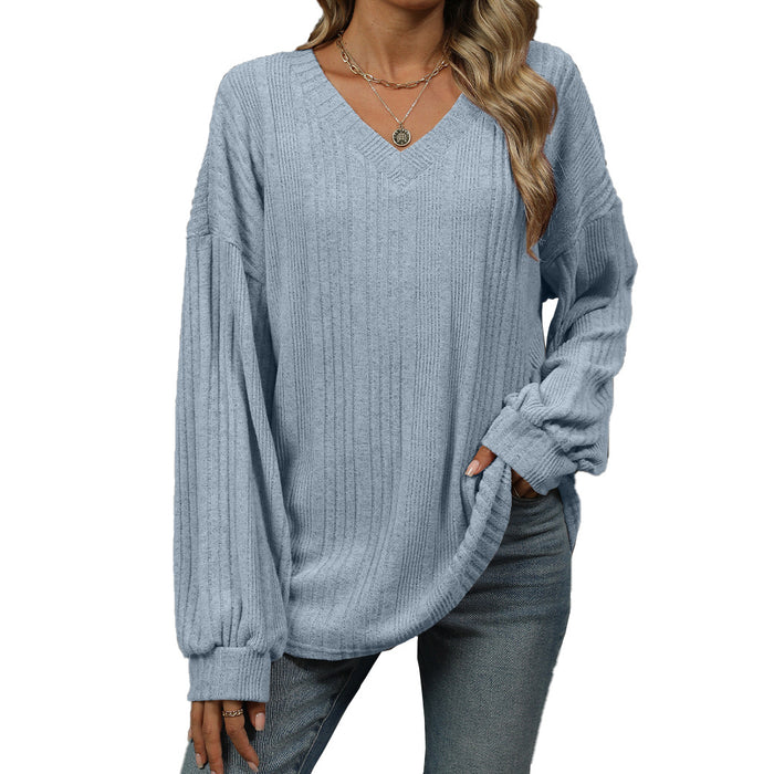 Autumn Winter Solid Color V Neck Loose Long Sleeved T Shirt Top Women