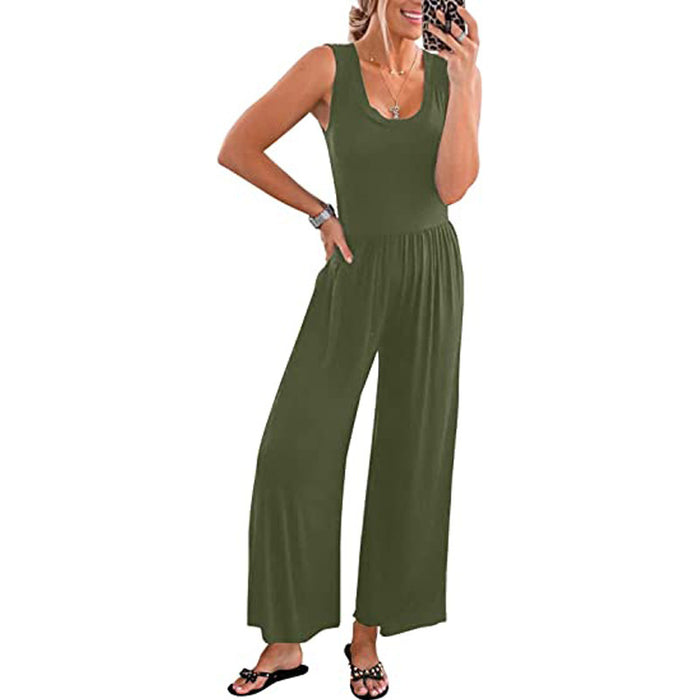 Summer Women Solid Color Sleeveless Jumpsuit