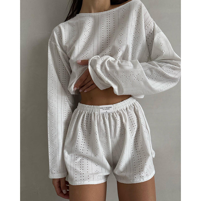 Autumn Ladies Simple Slim Fit Loose Pullover Top Shorts Set