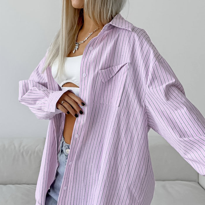 Summer Casual Design Diamond Embedded Striped Office Long Sleeve Shirt Russian Loose Shirt Women