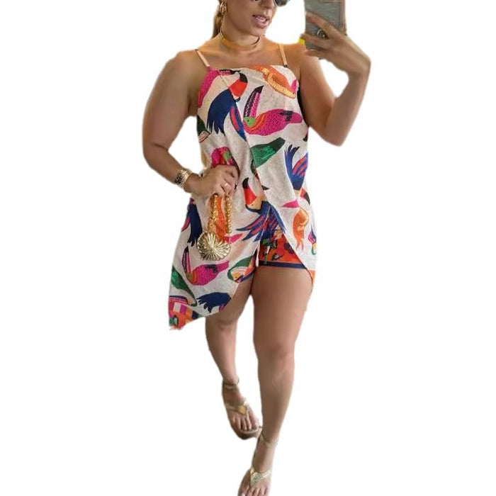 Sexy Printing Sleeveless Split Short Pantskirt Suit Two Piece Set