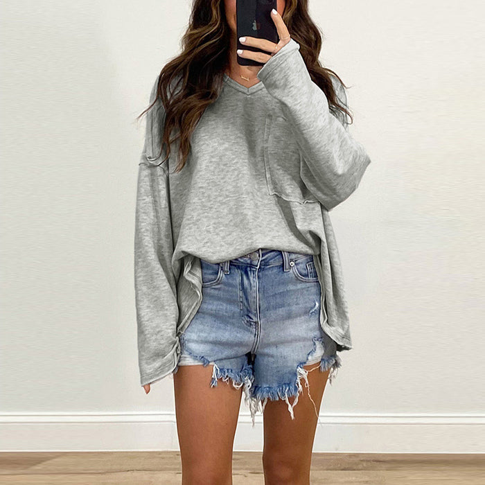 Autumn Gray Mid Length T shirt Women Long Sleeve Loose Top