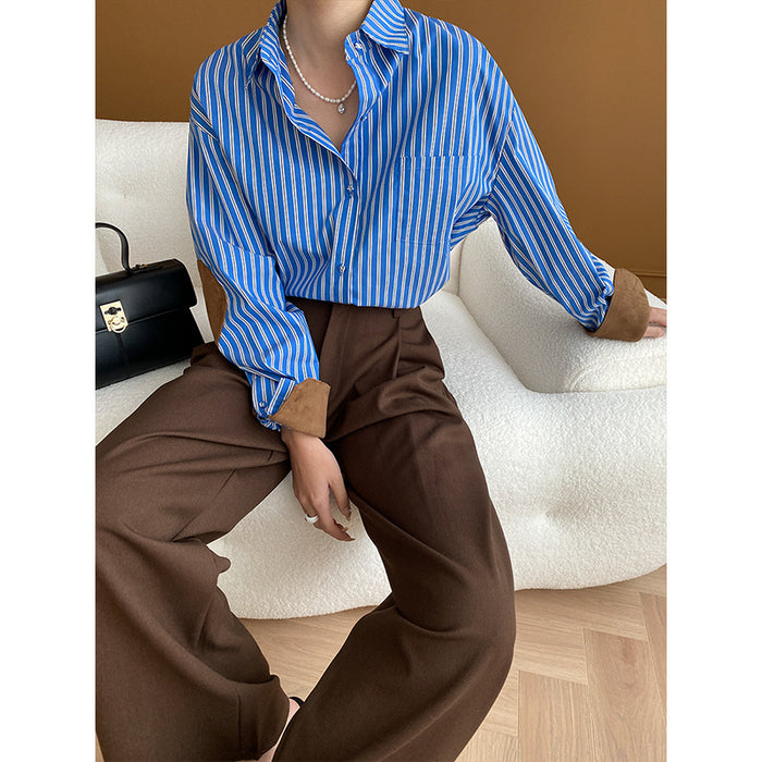 French Intellectual Suede Stitching Vertical Striped Loose Shirt Stacked Spring Autumn