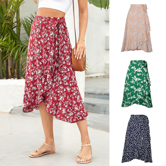 Popular One-Piece Printed Lace-up Sheath Irregular Asymmetric Casual Skirt Summer Women Clothing Skirt