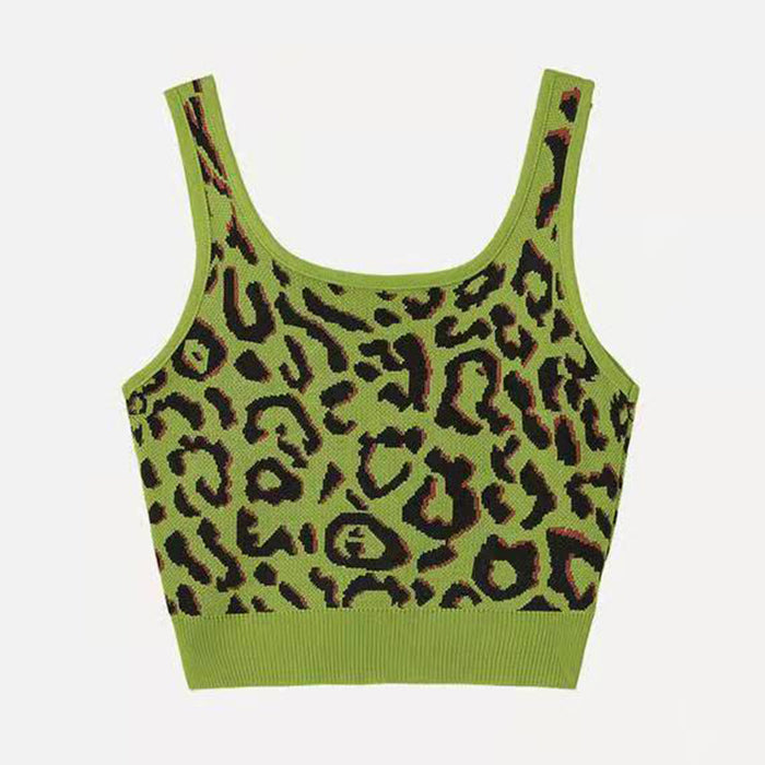 Slim-Fit Short Leopard Print Knitted Camisole Women Outer Wear Inner Bottoming Top