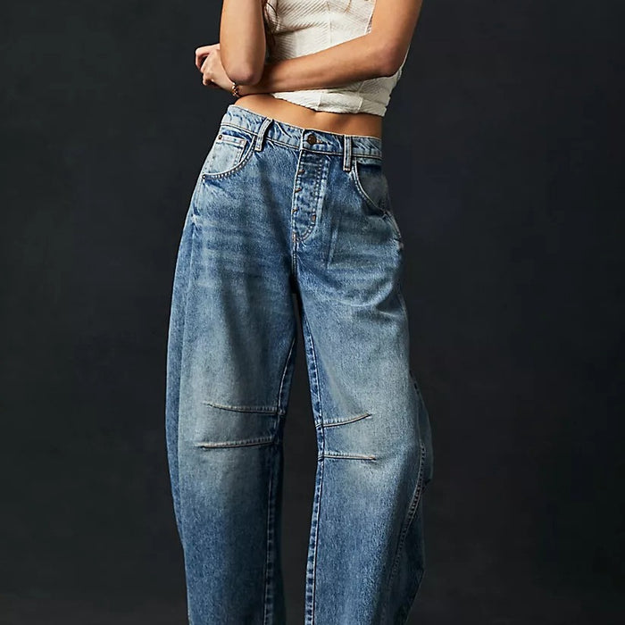 Casual Wide Leg Loose Jeans Women Mid Low Waist Washed Denim