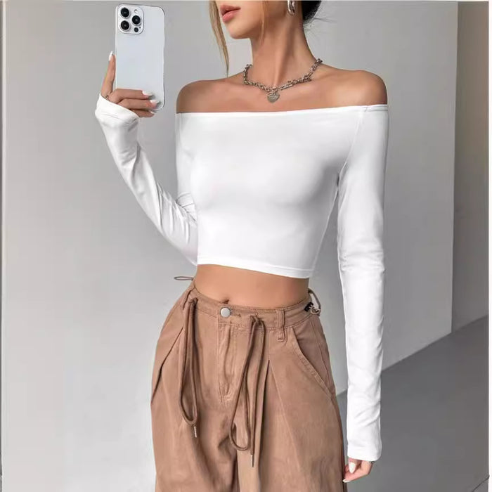 Summer Solid Color Off Neck Back Hollow Out Cutout Out Short Long Sleeve Tee