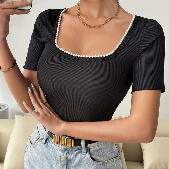 Short Sleeve Shirt Women Top Summer Collar Curved Hem Short Women Clothing