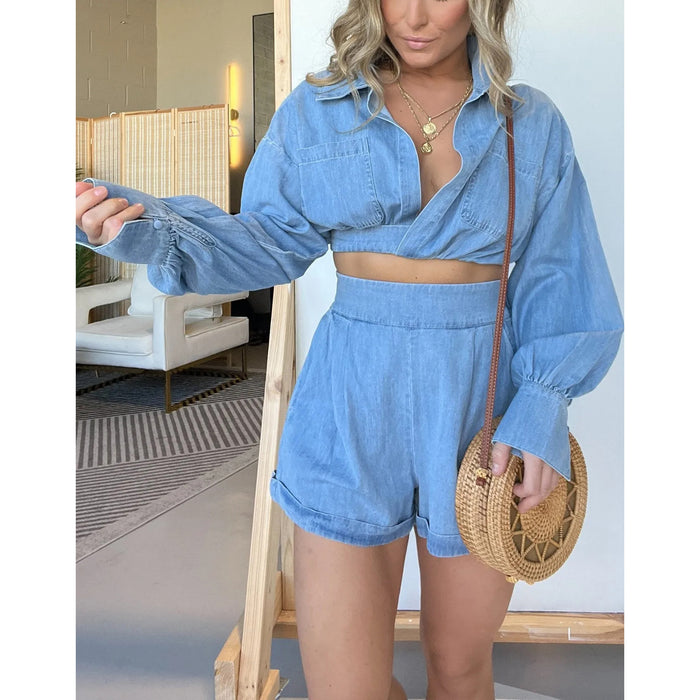 Women Wear Denim Shirt Deep V Plunge Long Sleeve Sexy Shorts Sets