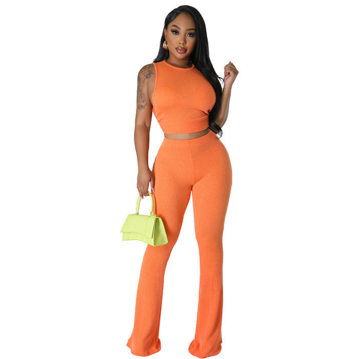 Women Casual Set Solid Color Rib Fabric Sleeveless Bootcut Trousers Two Piece Set