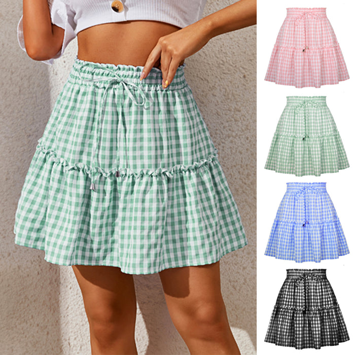 Popular Women Pleating Plaid Printed Skirt High Waist Elastic Retro Plaid Skirt