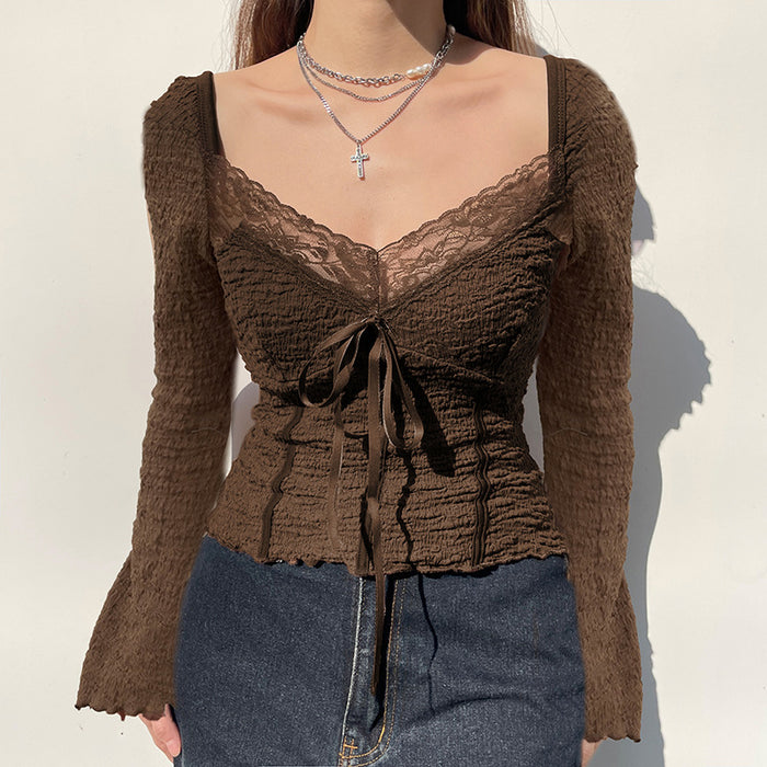 European Retro Low Cut V neck Lace Stitching Ruffle Lace up Long Sleeve Special Interest Design Slim Fit Texture Knitted Top