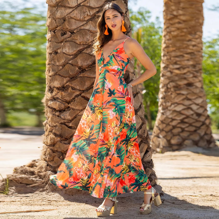Spring Summer Women Wear V Neck Brace Printing Elegant A Swing Maxi Dress