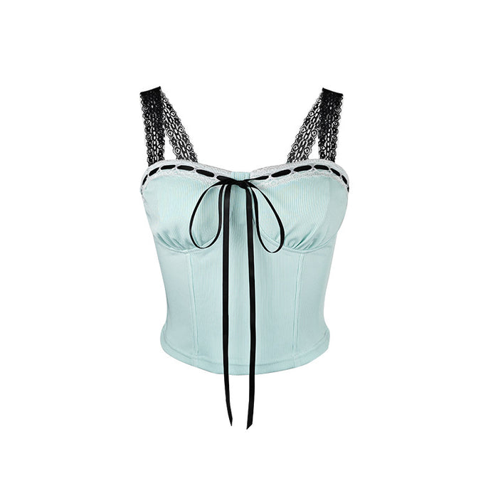 Fresh Sweet Bow Bandage Wrapped Chest Nipped Waist Exposed Cropped Mesh See through Spaghetti Strap Strap Vest