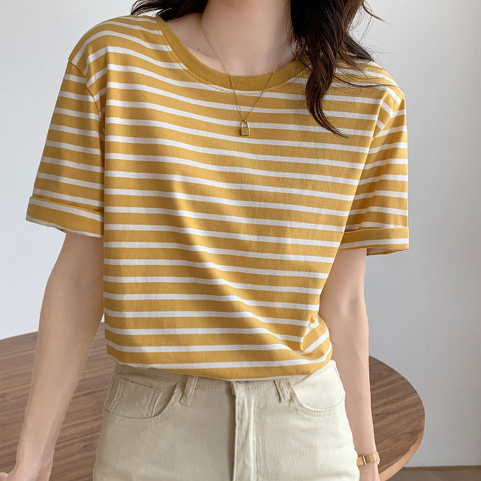 Women Short Sleeved T shirt Summer Thin Loose Cotton Green Striped T shirt Women Top Clothes