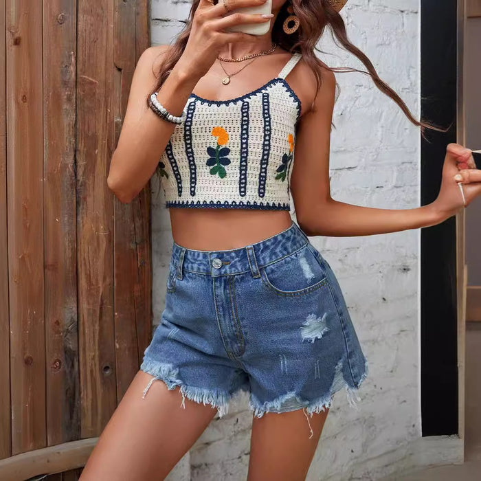 Women Clothing Casual High Waist Raw Hem Ripped Denim Shorts