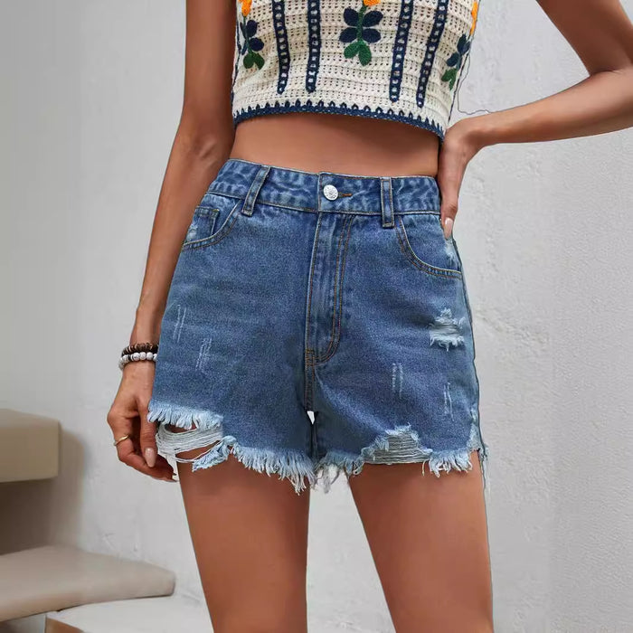 Women Clothing Casual High Waist Raw Hem Ripped Denim Shorts