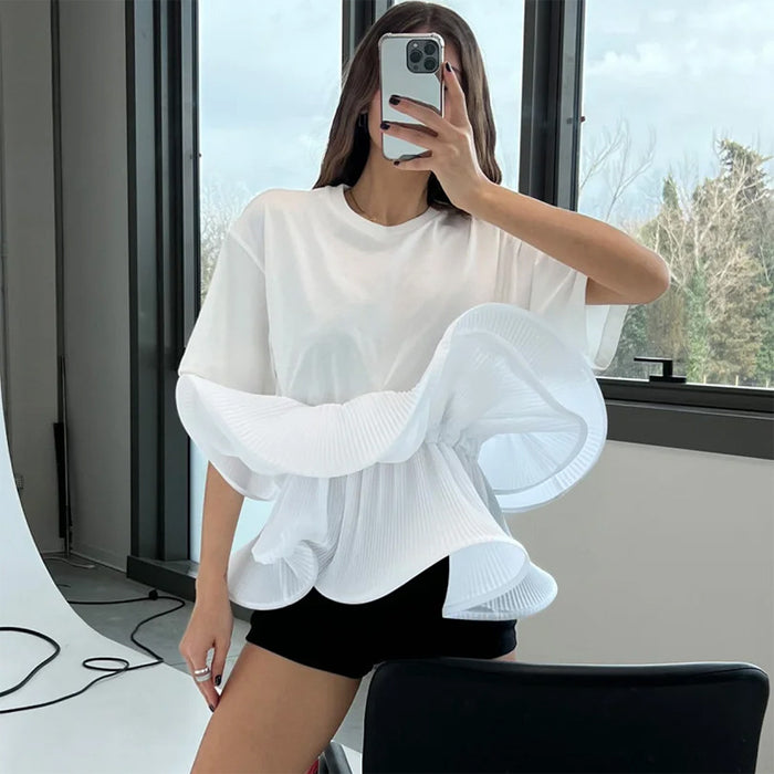 Summer Elegant Slim Fit Slimming round Neck Ruffled Stitching Design Short Sleeve Women T shirt