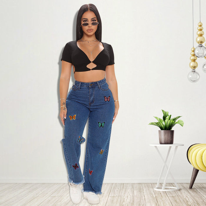 Women Clothing Autumn New Embroidered Washed Sexy Jeans