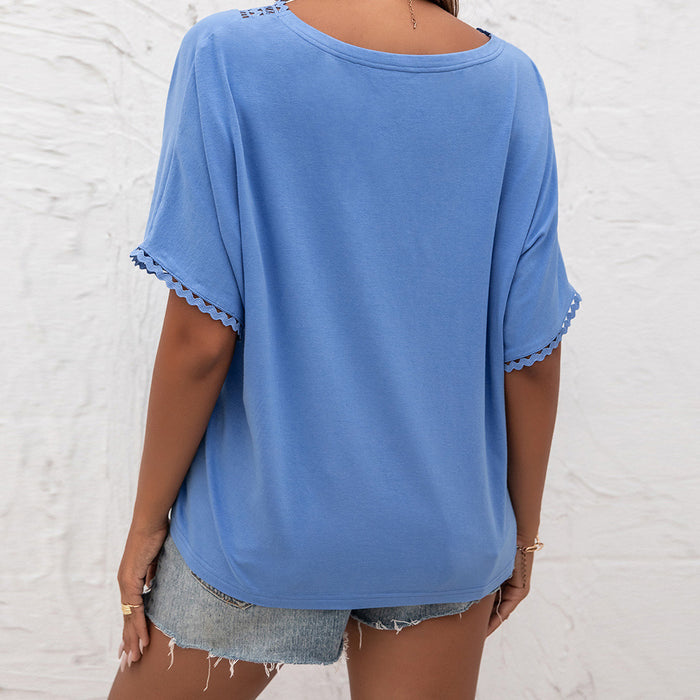 Women Clothing Summer Sexy Hollow Out Cutout out Stitching V-neck Loose Sweater Short Sleeve T-shirt for Women