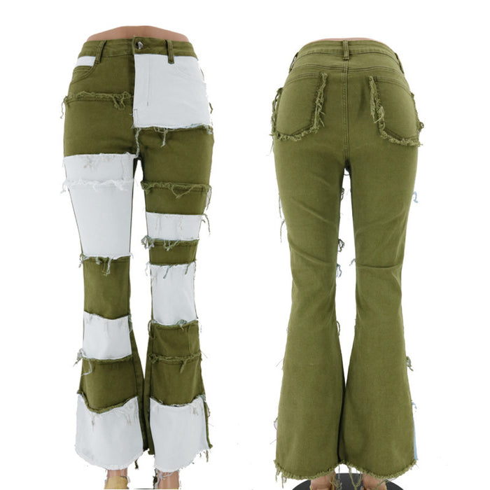 Retro Washed Contrast Color High Waist Hip Lift Sexy Horn Women Denim Trousers