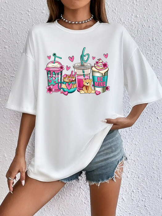 Summer Ladies Casual All Match Round Neck Cartoon Beverage Printing Short Sleeve Loose T Shirt