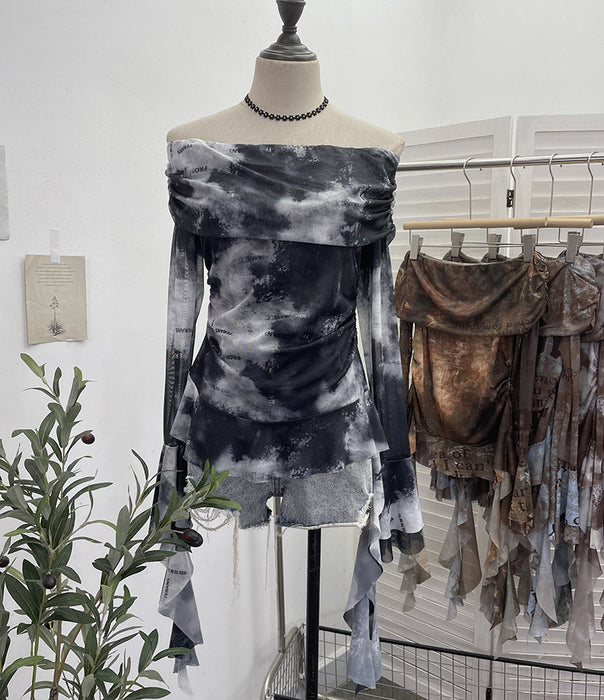 Off Shoulder Ribbon Tie Dyed Printed Mesh Small Shirt Top Sexy Design Pleated Long Sleeve T Shirt