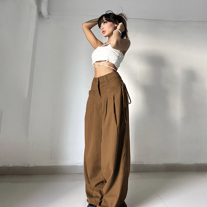 Distressed Gray Woven Straight Leg Pants Women Sexy High Waist Loose Slim Fit Draping Ribbon Trousers