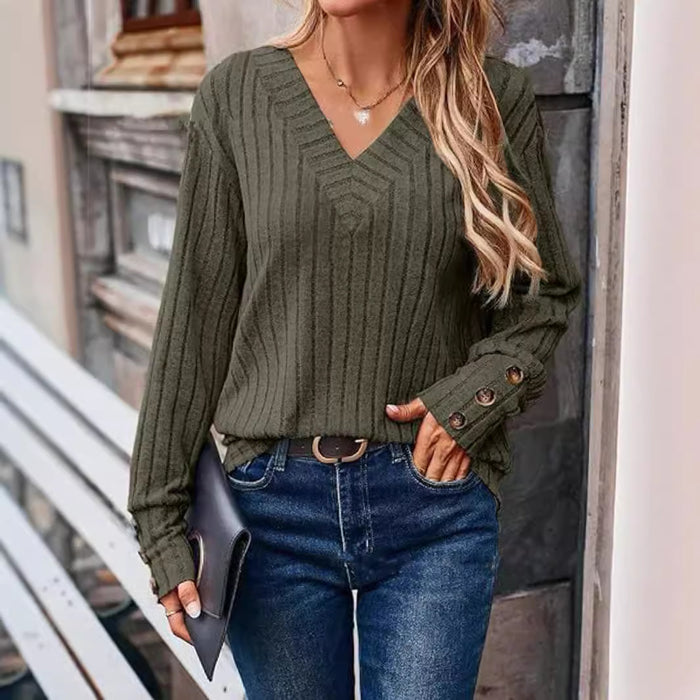 Women Clothing Autumn Winter Rib Sunken Stripe V neck Button Long Sleeved Sweater for Women