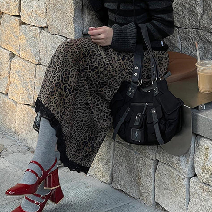 Vintage Leopard Print Stitching Lace Skirt Autumn Trendy Fashionable Stylish High Waist Slimming Midi Women