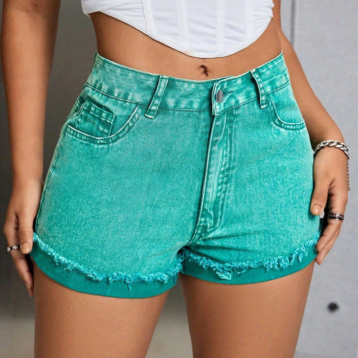 Women Clothing High Waist Loose Slimming Raw Hem Jeans Shorts