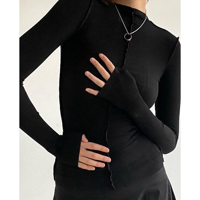 Autumn Simple Casual Slim Fit Solid Color Small Turtleneck Long Sleeved Top Women