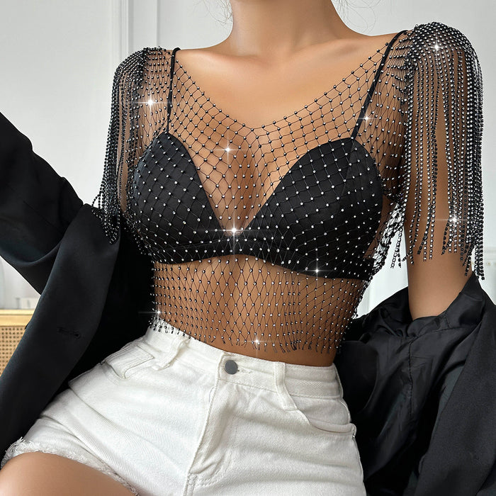 Rhinestone Sexy Fishnet Top Summer Net Drill Rhinestone Women Clothing Short Sleeve Vest