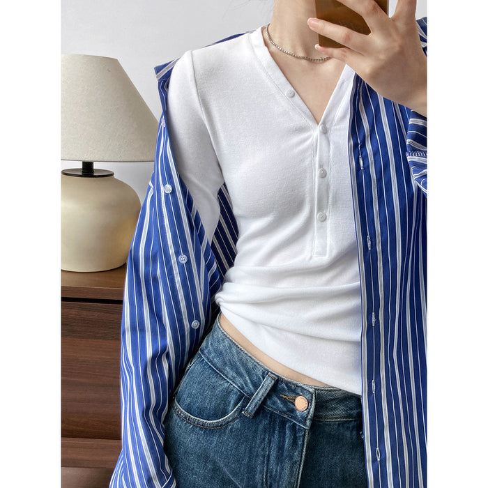 Simple Buttons V neck Inner Wear Long Sleeve T shirt Soft Glutinous Slim Fit Slimming Knitted Bottoming Shirt for Women