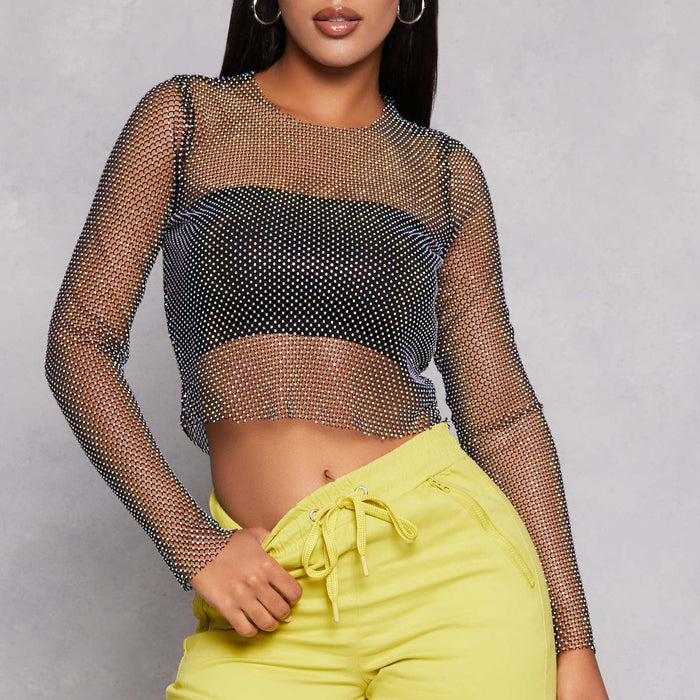 Top Stretch Mesh Drilling Long-Sleeved T shirt Party Music Festival Cool Top